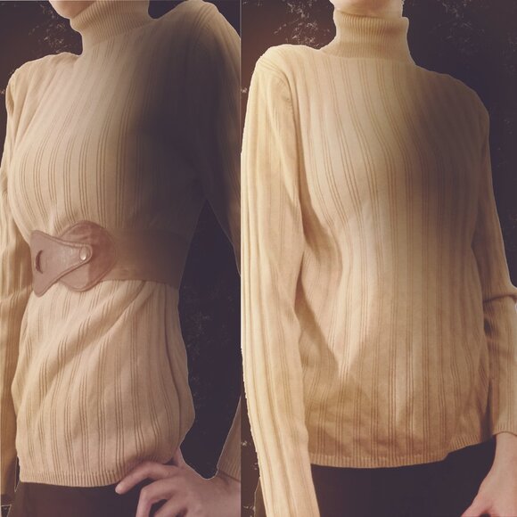 Title: Vintage Pale Beige Ribbed Turtleneck Sweater | Short/Cropped Fit | Size L - Picture 1 of 2